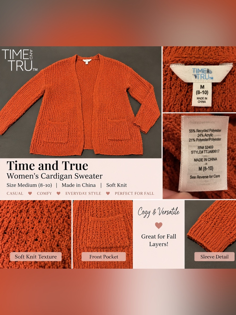 Time and Tru Open Front Cardigan Sweater Medium 8-10